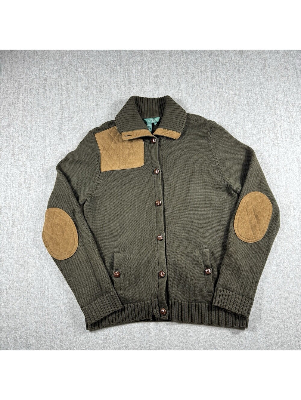 Lauren Ralph Lauren Cardigan Sweater Women L Olive Green Equestrian Elbow Patch